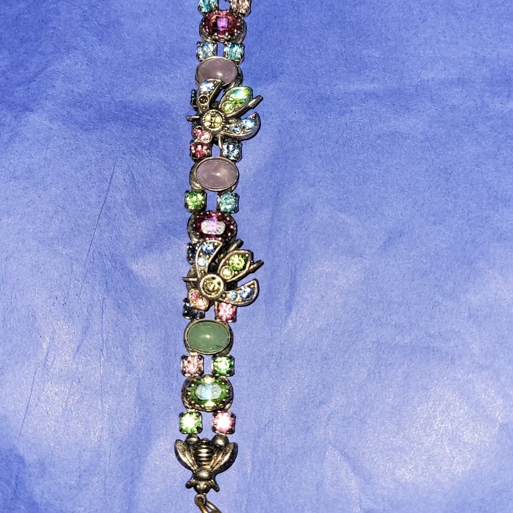 Vintage Mary Demarco Deco Bumble Bee Bracelet Bronze Rhinestone Gemstone Signed